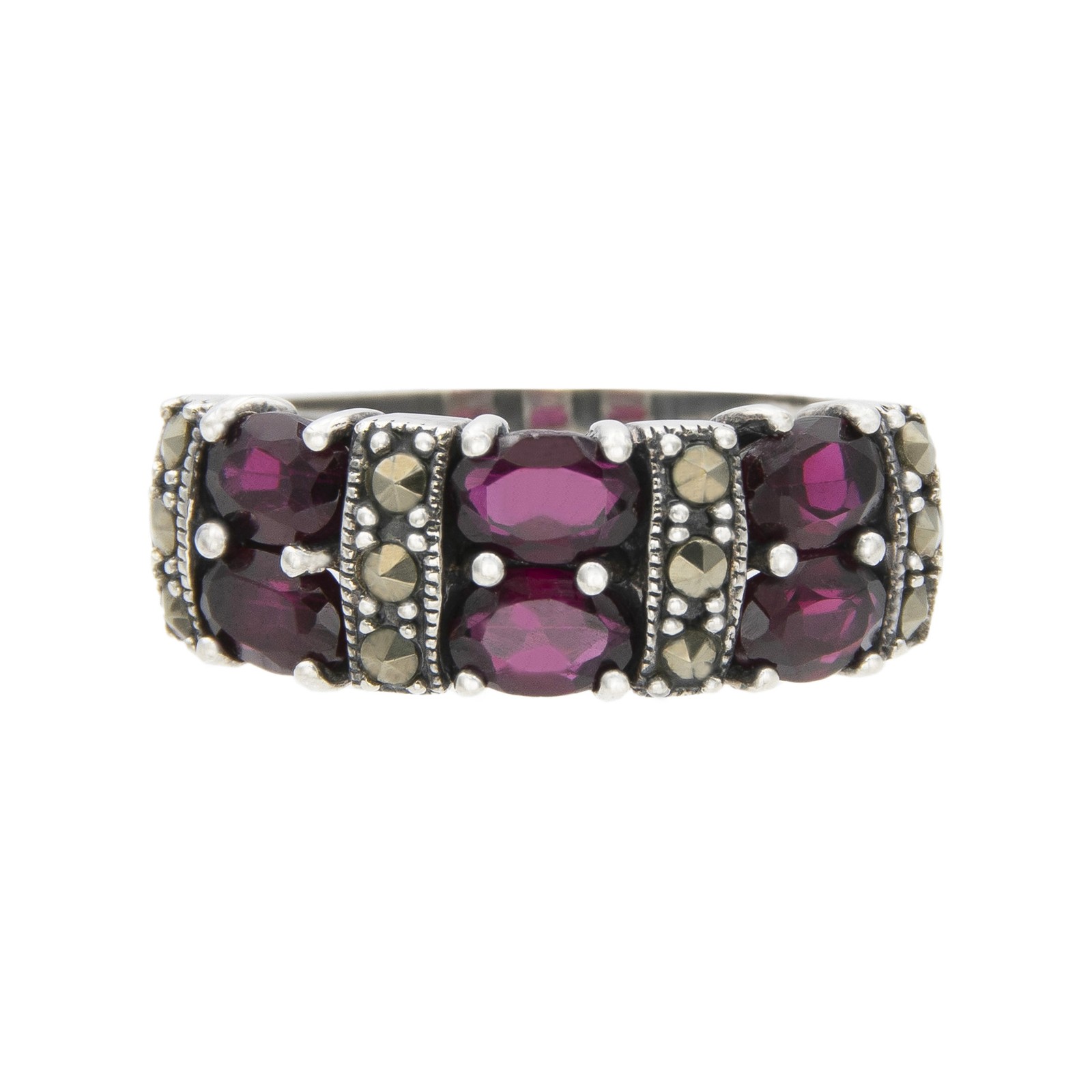 Sterling Silver Red Garnet and Marcasite Statement Ring, Size 6
