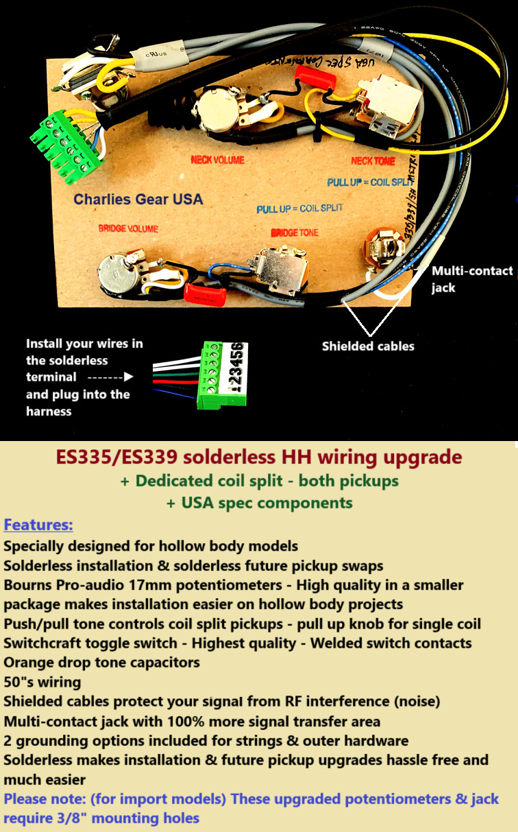 ES-335/339/Sheraton Solderless HH Wiring Upgrade + Coil Split +With Hand Reamer
