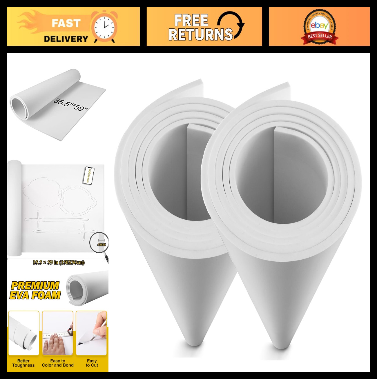 Large EVA Foam Sheets 2-Pack, 5mm Thick, 35.5" x 59", Ideal for Crafts & Cosplay