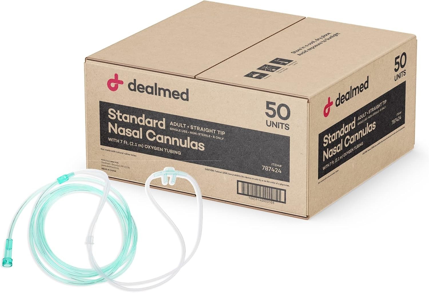 Soft Green Adult Nasal Cannula, 7ft Lightweight Tubing - Kink Resistant, 50 Pack