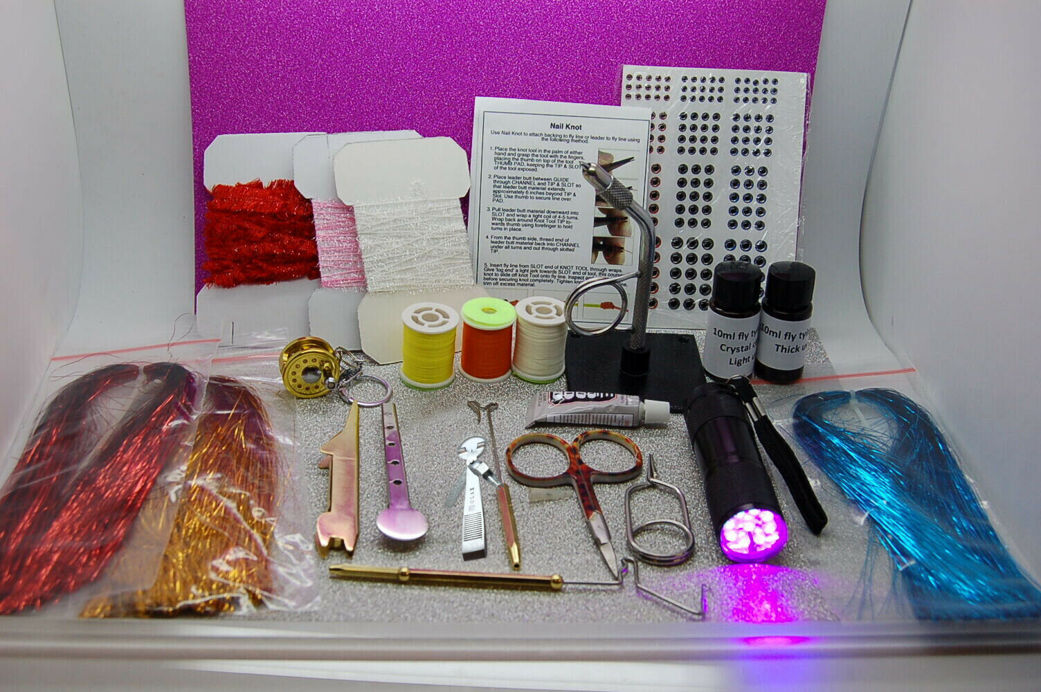 Olax Detailed Fly Tying Kit, Scissors, Tinsel, Plier, Knot tool, UV Resin, Torch