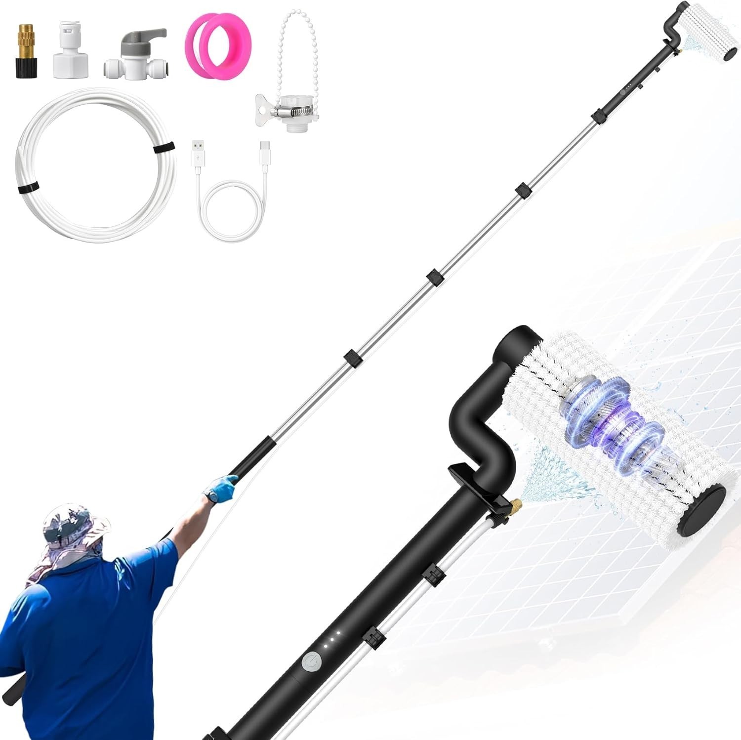 Solar Panel Cleaning Brush And Pole, 20Ft Electric Cleaning Roller Brush