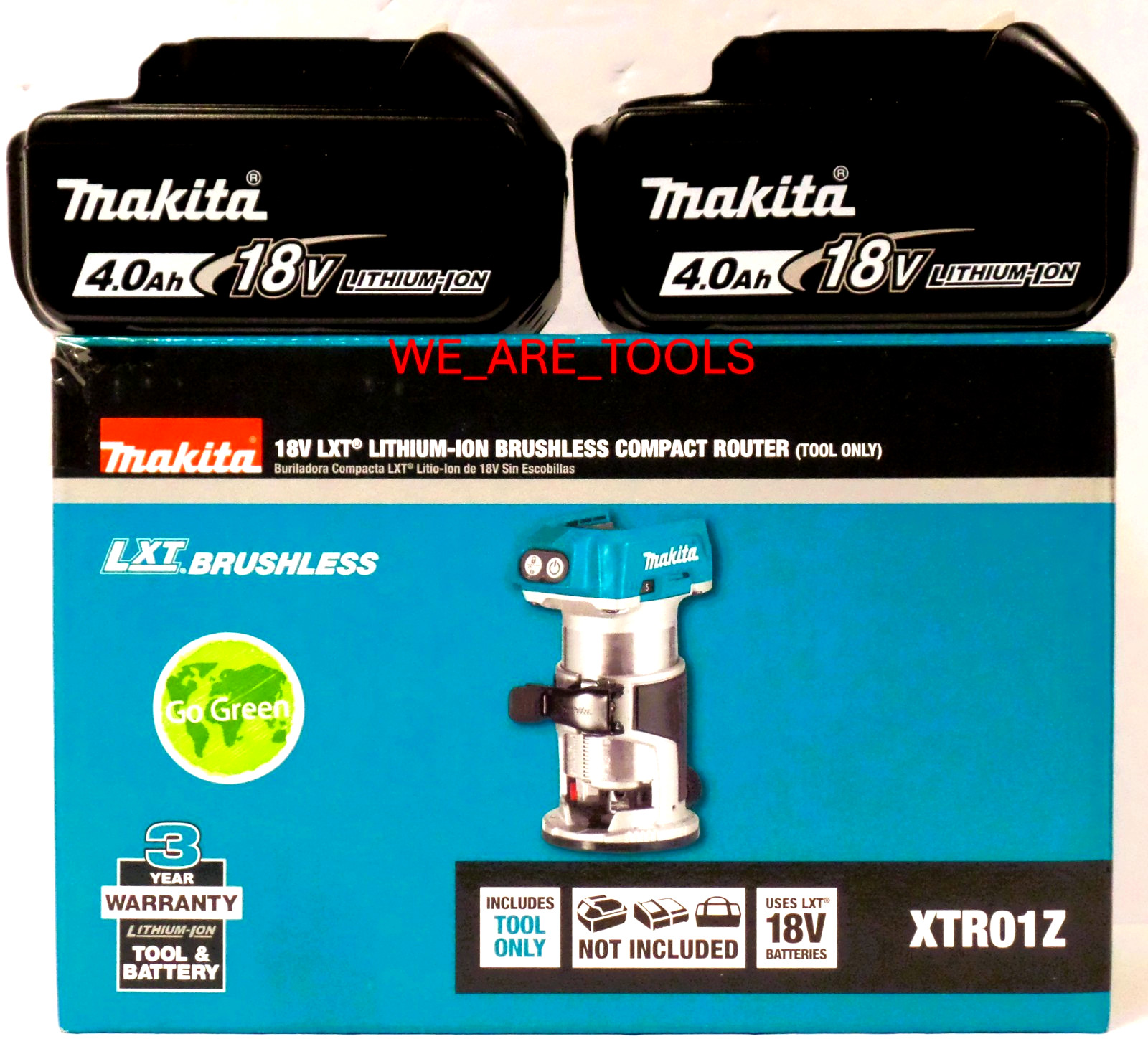 New Makita XTR01Z 18V Brushless Variable Compact Router, 2) BL1840B 4.0 Battery