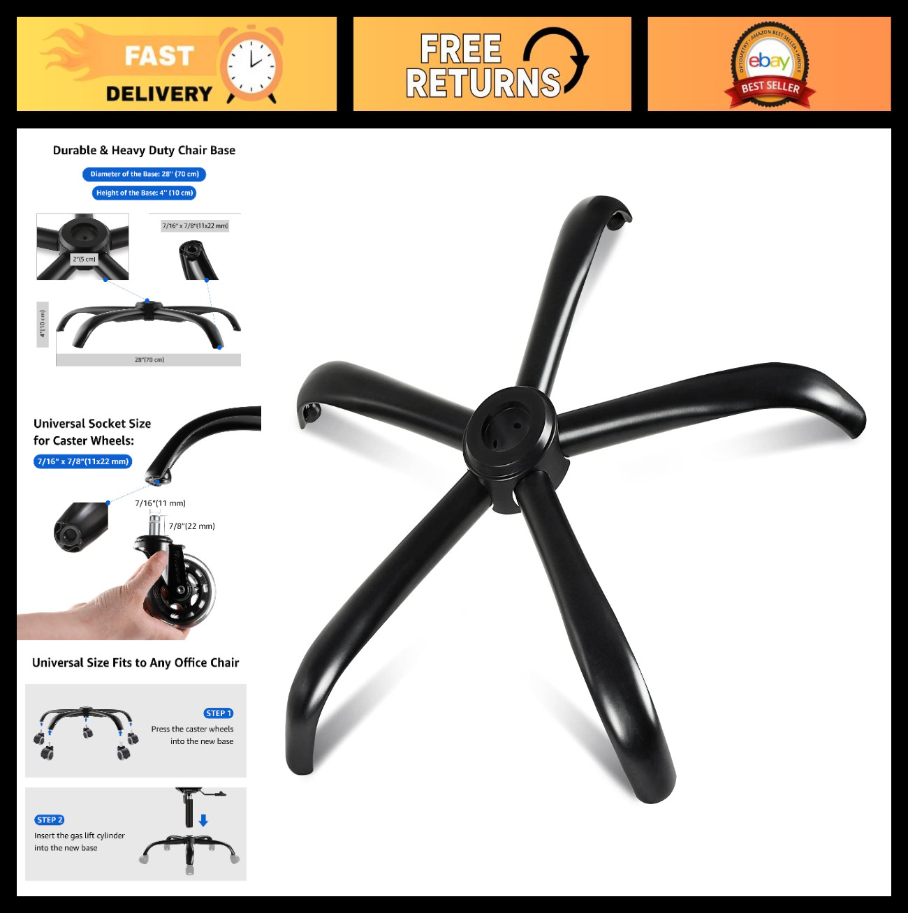 Heavy Duty Office Chair Base Replacement - 2500 Lbs, 28" Metal Parts, Universal