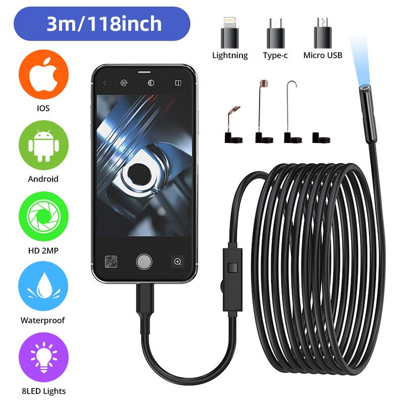 IP67 Waterproof 3M Endoscope Inspection Camera 8 LED For iPhone iOS Android