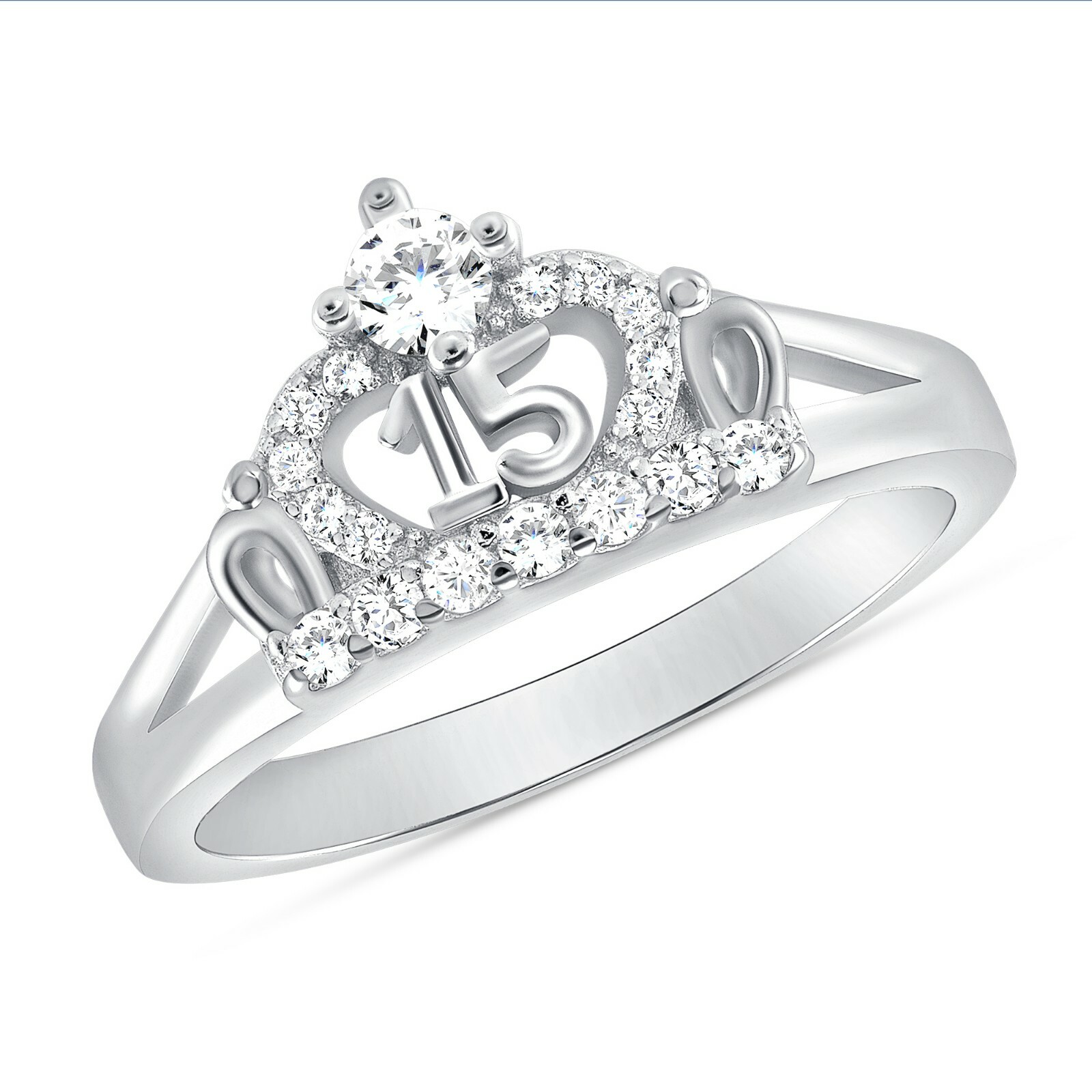 925 Sterling Silver Sweet 15 Quinceanera Crown Cz Ring White Gold Plated