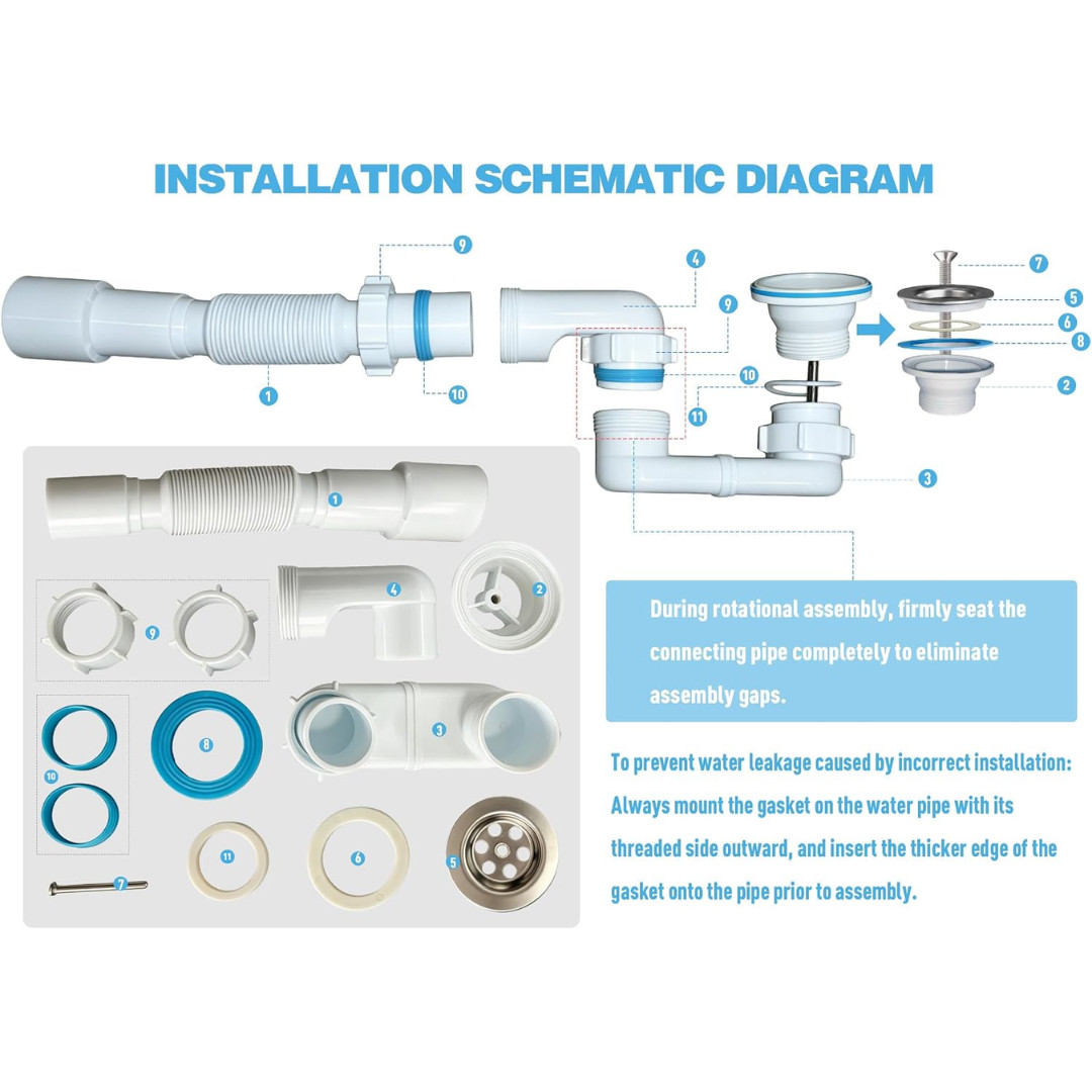 Bath Shower Drain Low Profile p Trap 1 1/2" Flat Kit for White