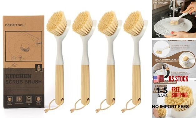 Dish Brush with Built-in Scraper - 4 Pack Bamboo Dish Scrubber Brush with