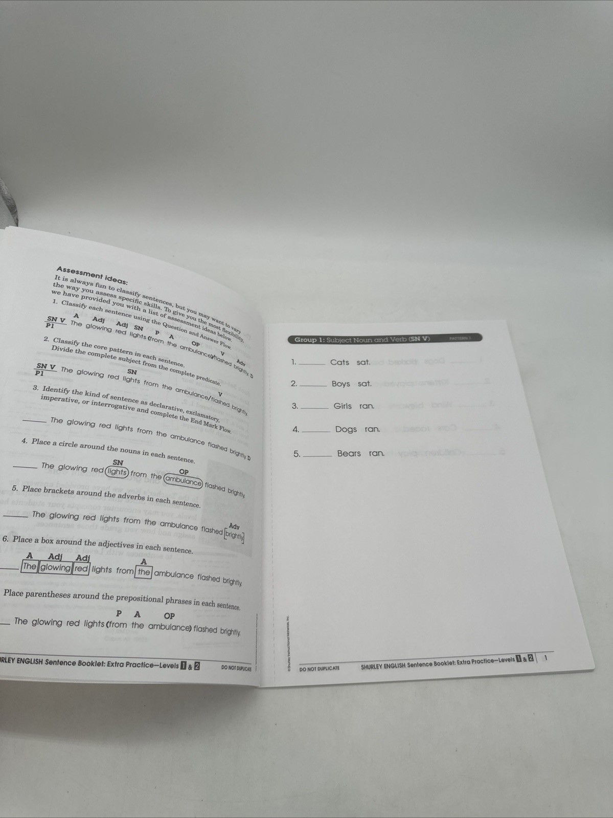 Shurley English Sentence Booklet Extra Practice Level 1 & 2 NEW