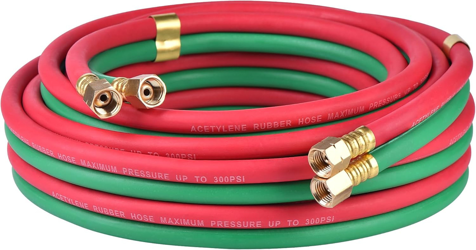 Oxygen Acetylene Hose Twin Welding Hose 1/4" × 25FT - 300 PSI Red & Green Torch