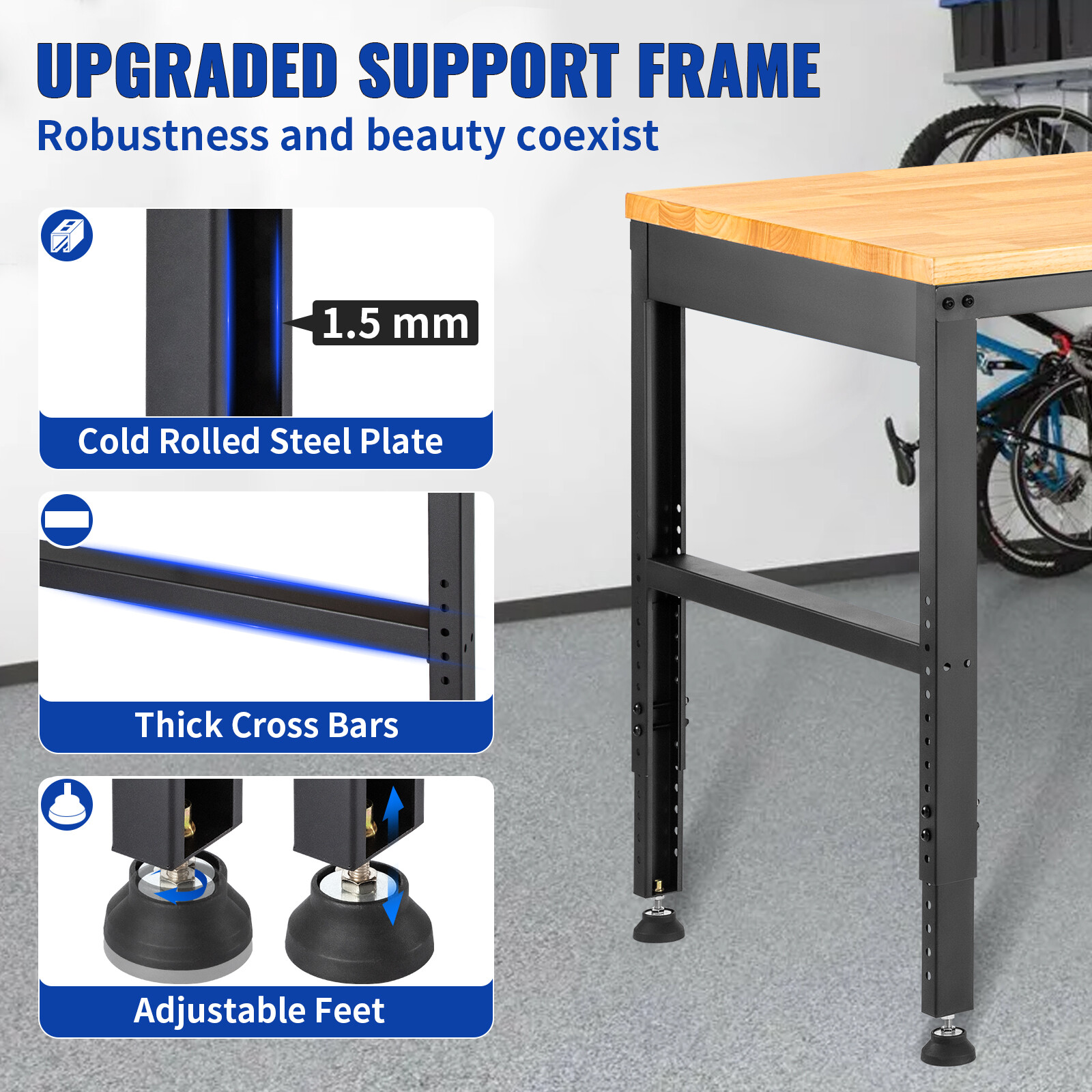 61"x 20" Adjustable Height Workbench 2000 lbs Oak Plank w/ Power Outlets 110V