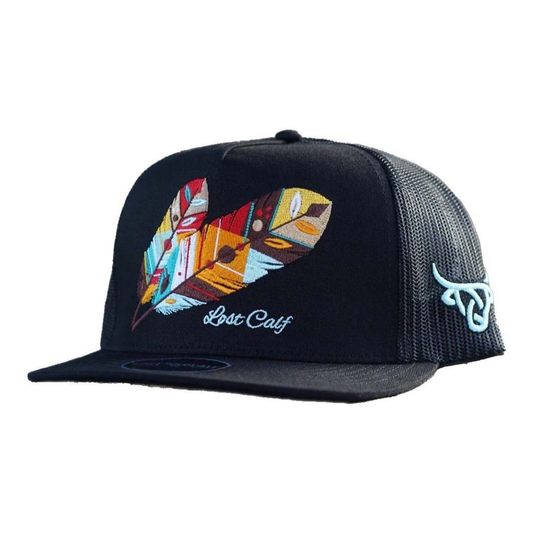 Lost Calf Feather Black Flat Trucker - Hats Cap - Tribe Flat