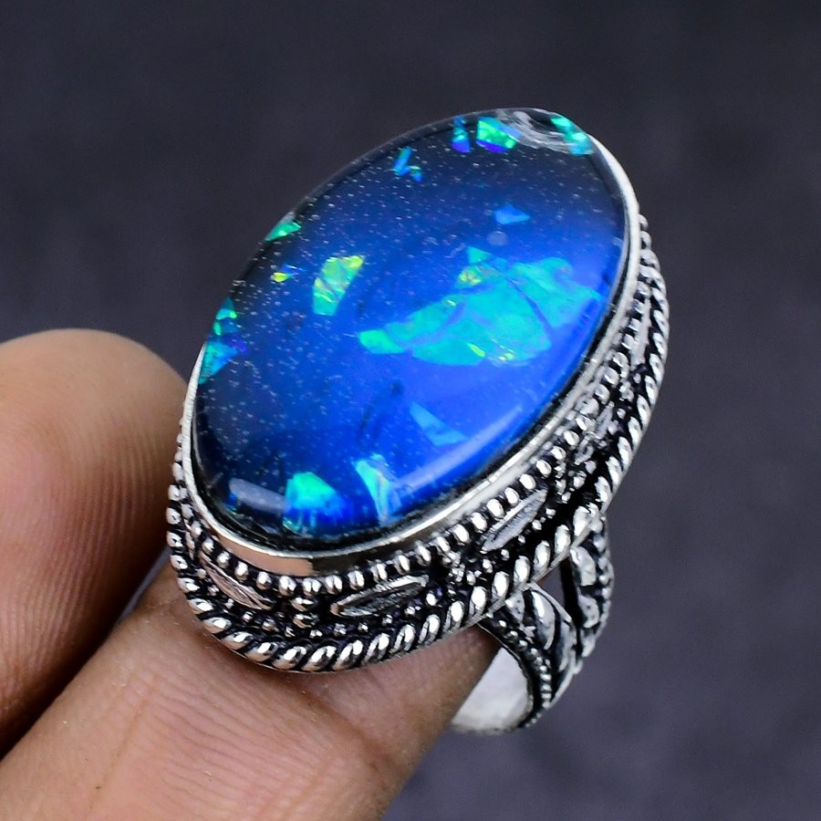 Blue Triplet Opal Gemstone 925 Sterling Silver gift Jewelry Ring Size 8.5 k475