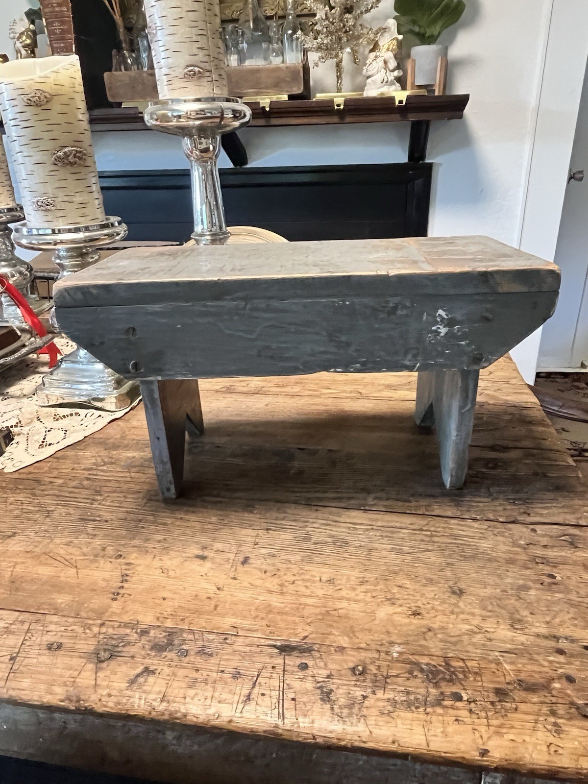AAFA Antique Wooden Step Stool Riser Footstool Primitive Decor Original Blue