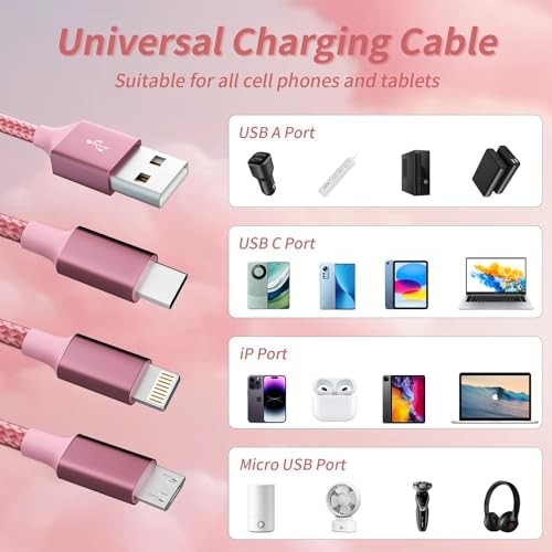 Multi Charging Cable, 3 in 1 Charging Cord for Multiple 3IN1-4FT2Pack 2 Pink