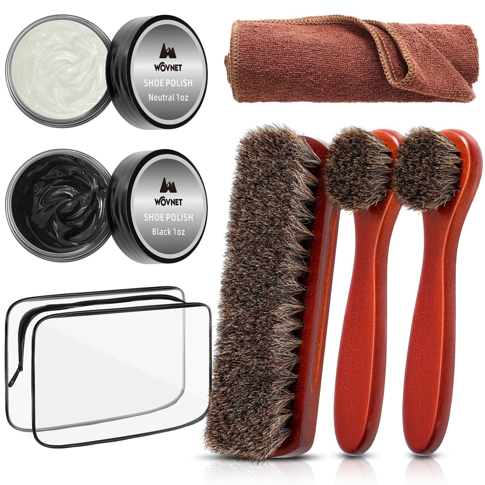 7 Pcs Portable Black Shoe Shine Kit for Men with Horsehair Brush, Bag, Cloth ...