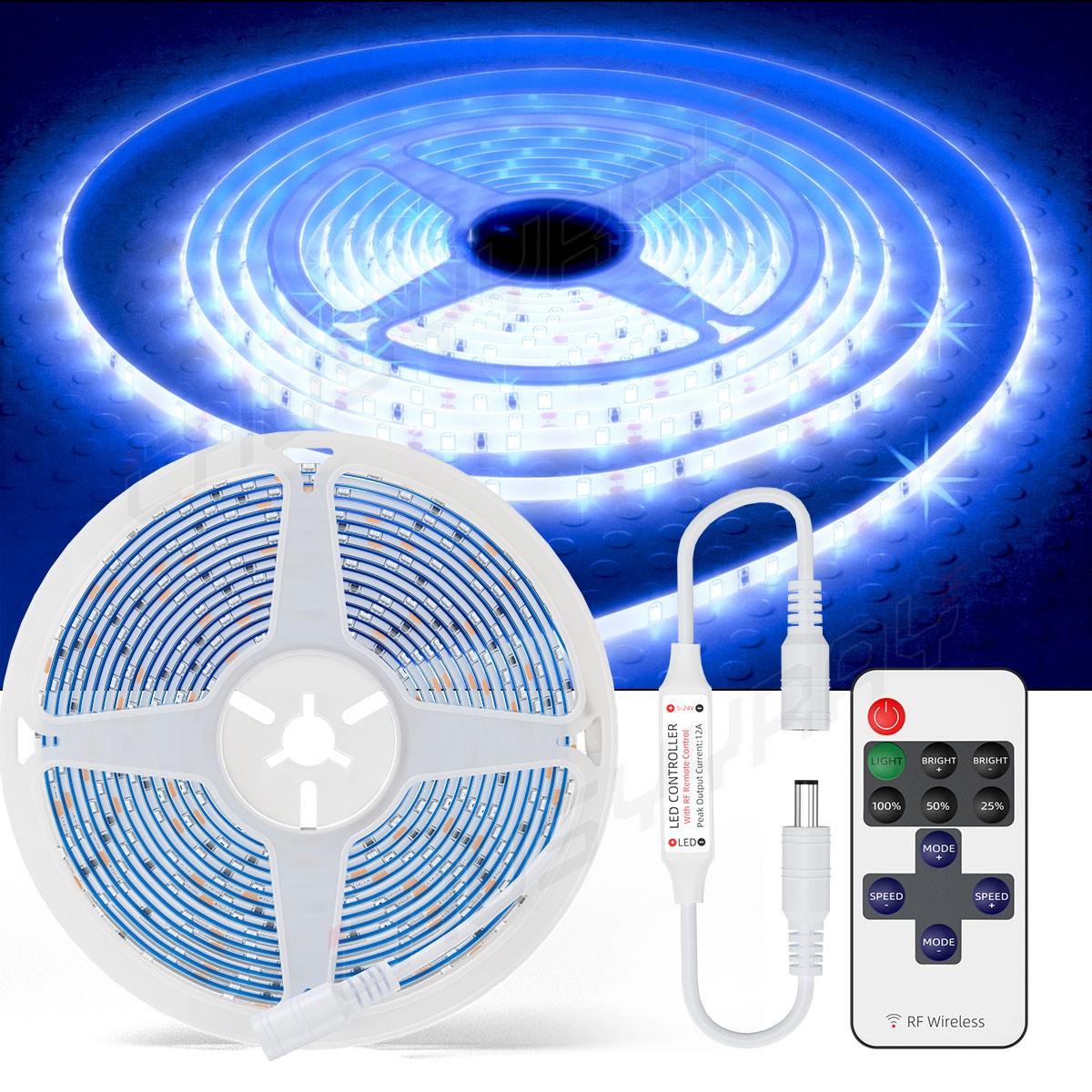 16 ft UV LED Strip Blue Light Night Fishing Ultraviolet Boat 12v DC BLACK PCB