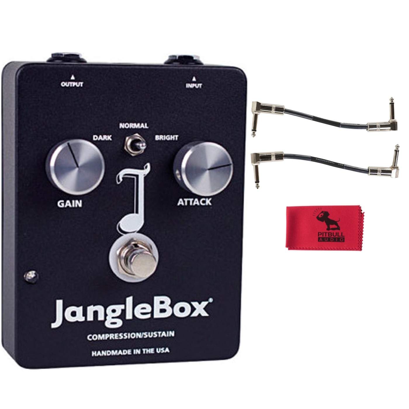 JangleBox Compressor/Sustainer Guitar Effects Pedal w/ Patch Cables & Cloth