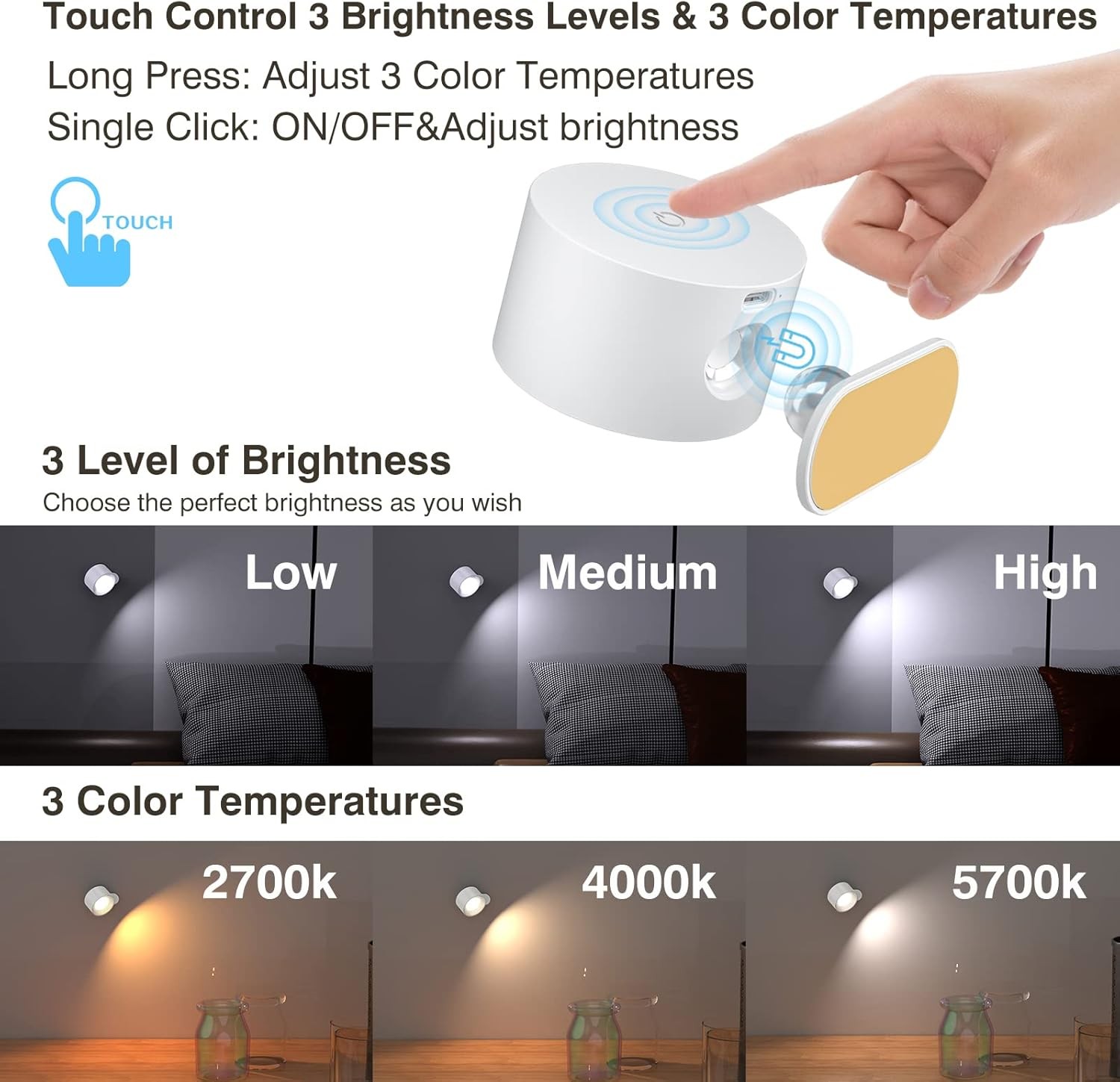 Koopala LED Wall Sconces, Mounted Lamps with Rechargeable White-A