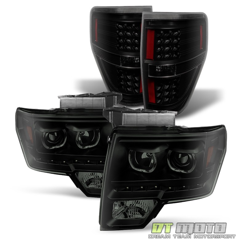 Black Smoke 2009-2014 Ford F150 SMD LED Halo Projector Headlights+LED Tail Lamps