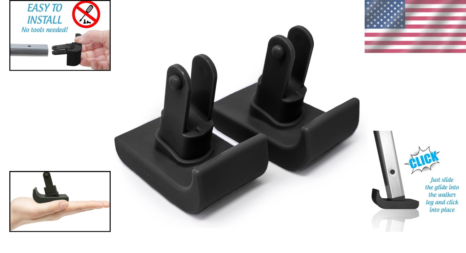 Able Life Space Saver Walker Ski Glides Black Secure Slide-On Design