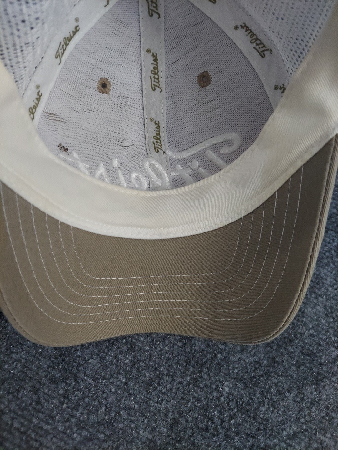 Titleist FJ Golf Hat Cap Strap Back Brown White Mesh Trucker Script Embroidery