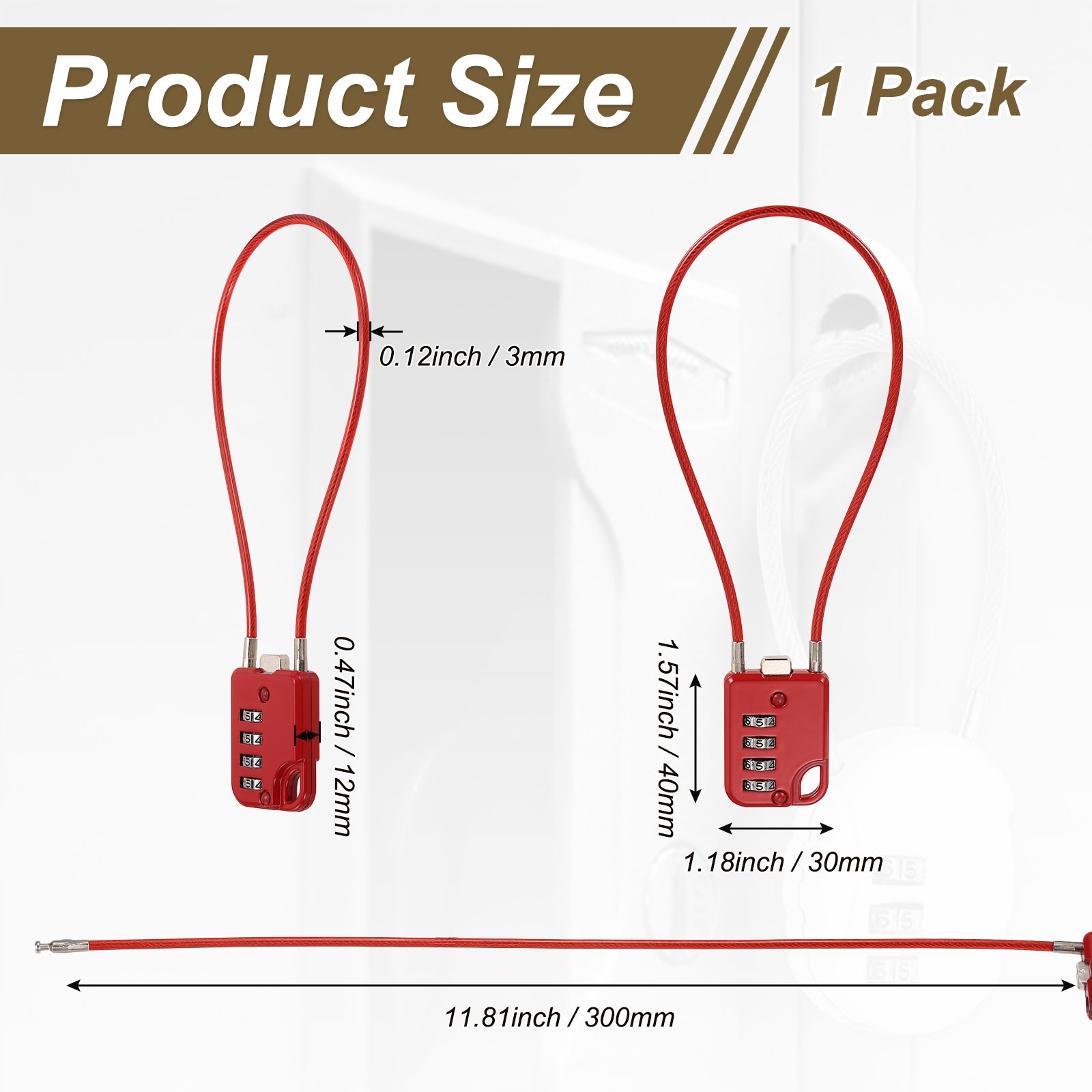 1-Pack Combination Padlock, 4 Digit 12 in Cable Luggage Lock [Red]