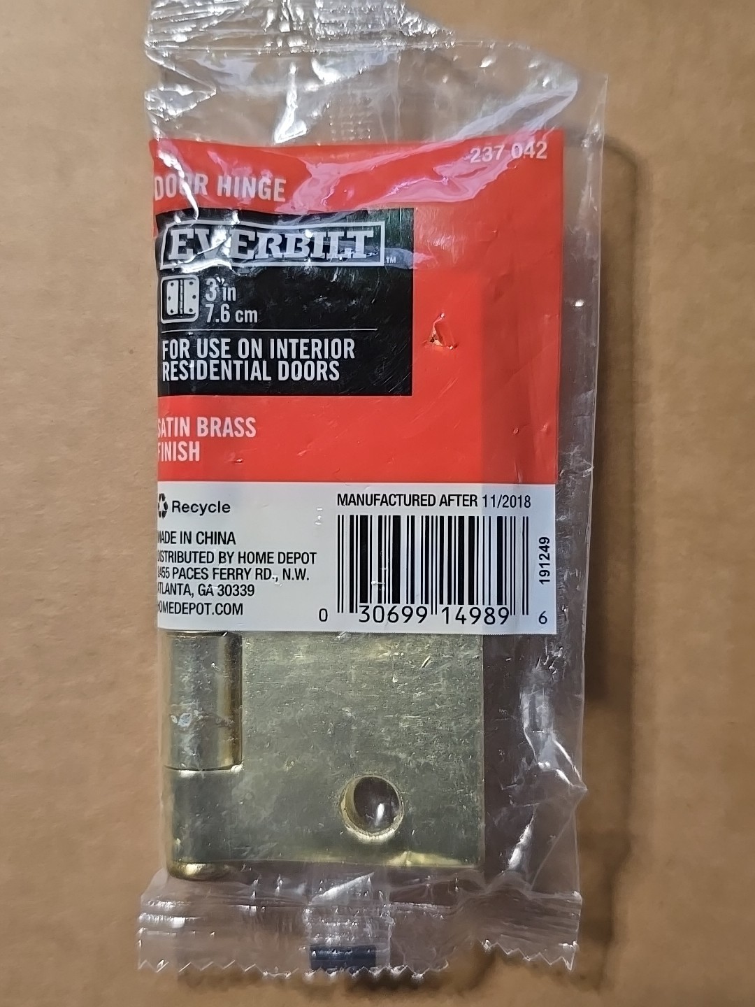 Lot of 3 Everbilt 3 in. Door Hinges - Satin Brass Finish 237 042