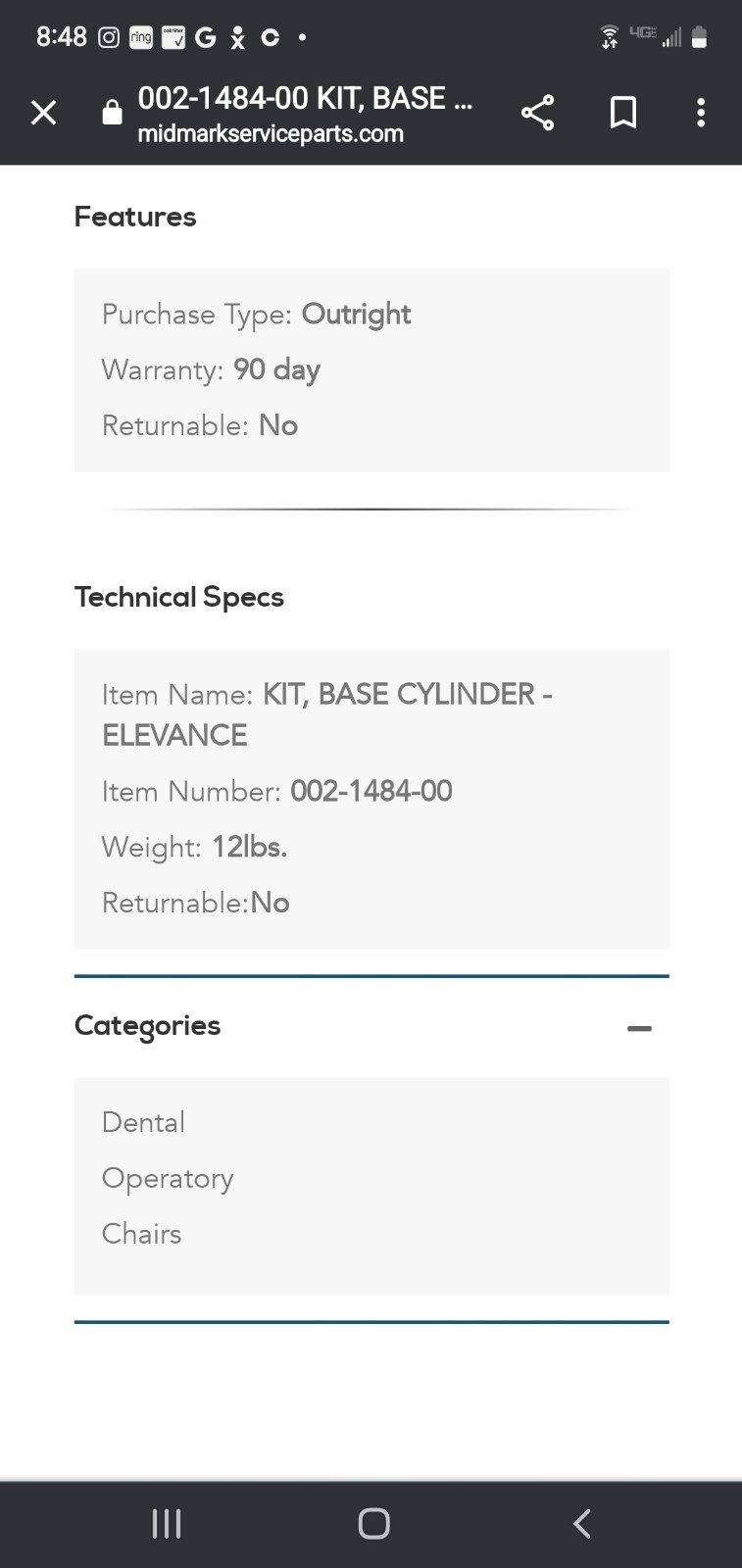 Midmark Dental Elevance Base Cylinder Kit 002-1484-00