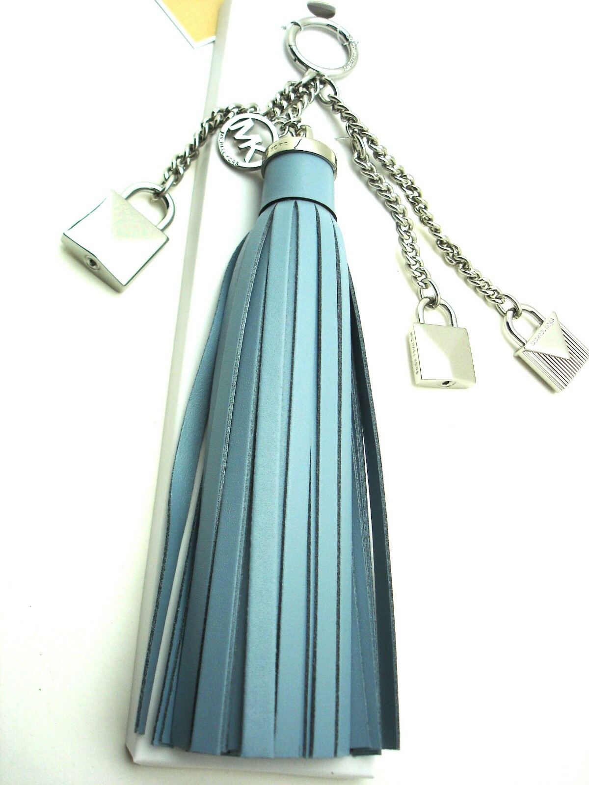 NWT Michael Kors Key Leather Tassel Charm Mercer Locks Pale Blue Silver Tone