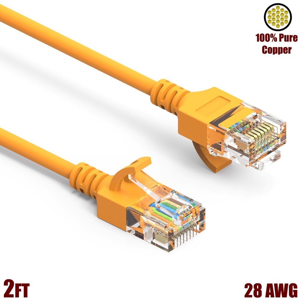 2FT Cat6A RJ45 SLIM Ethernet LAN Network UTP Patch Cable Copper 28AWG Yellow
