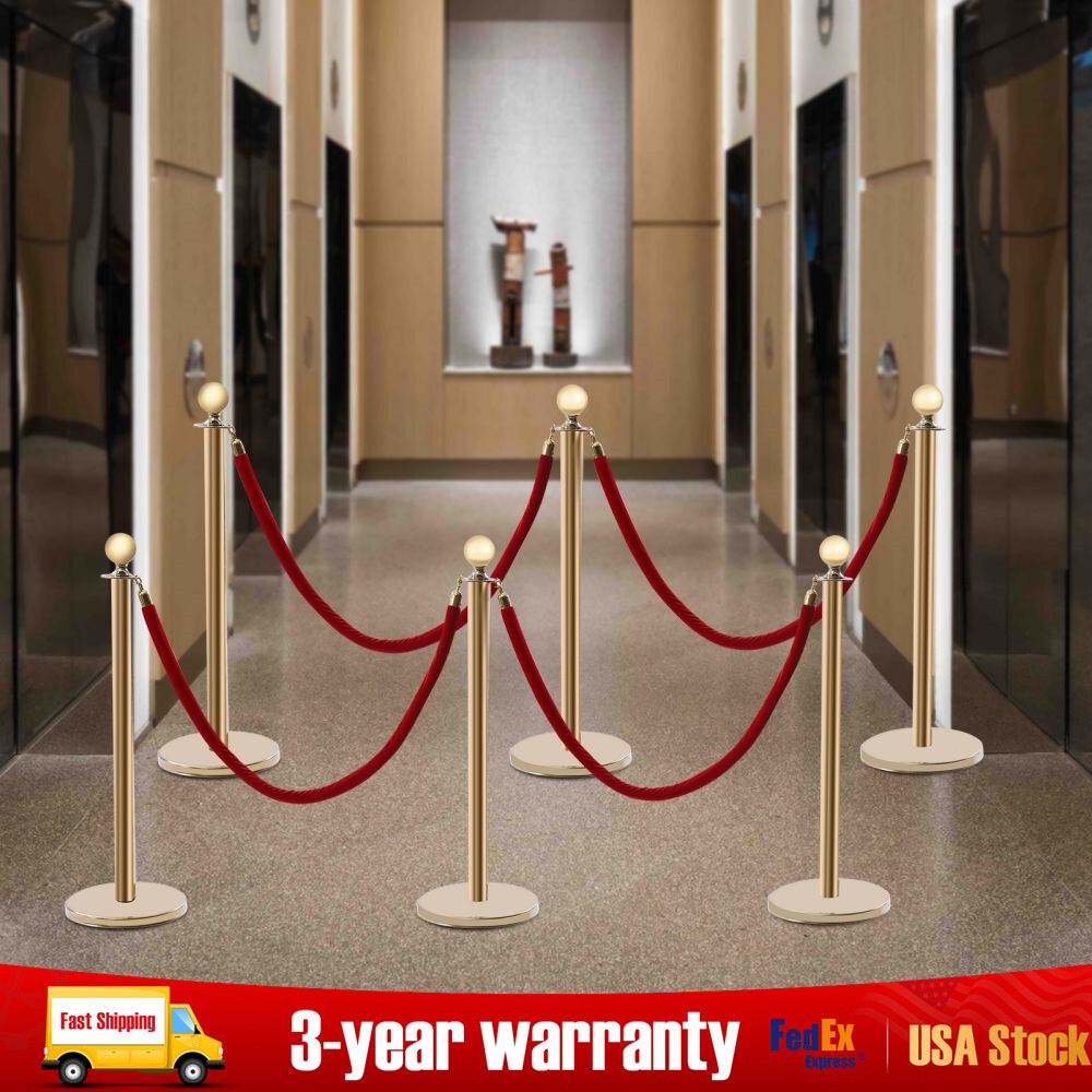 6Pcs Golden Stanchion Posts with 4 Velvet Ropes Crowd Control Queue Pole Barrier