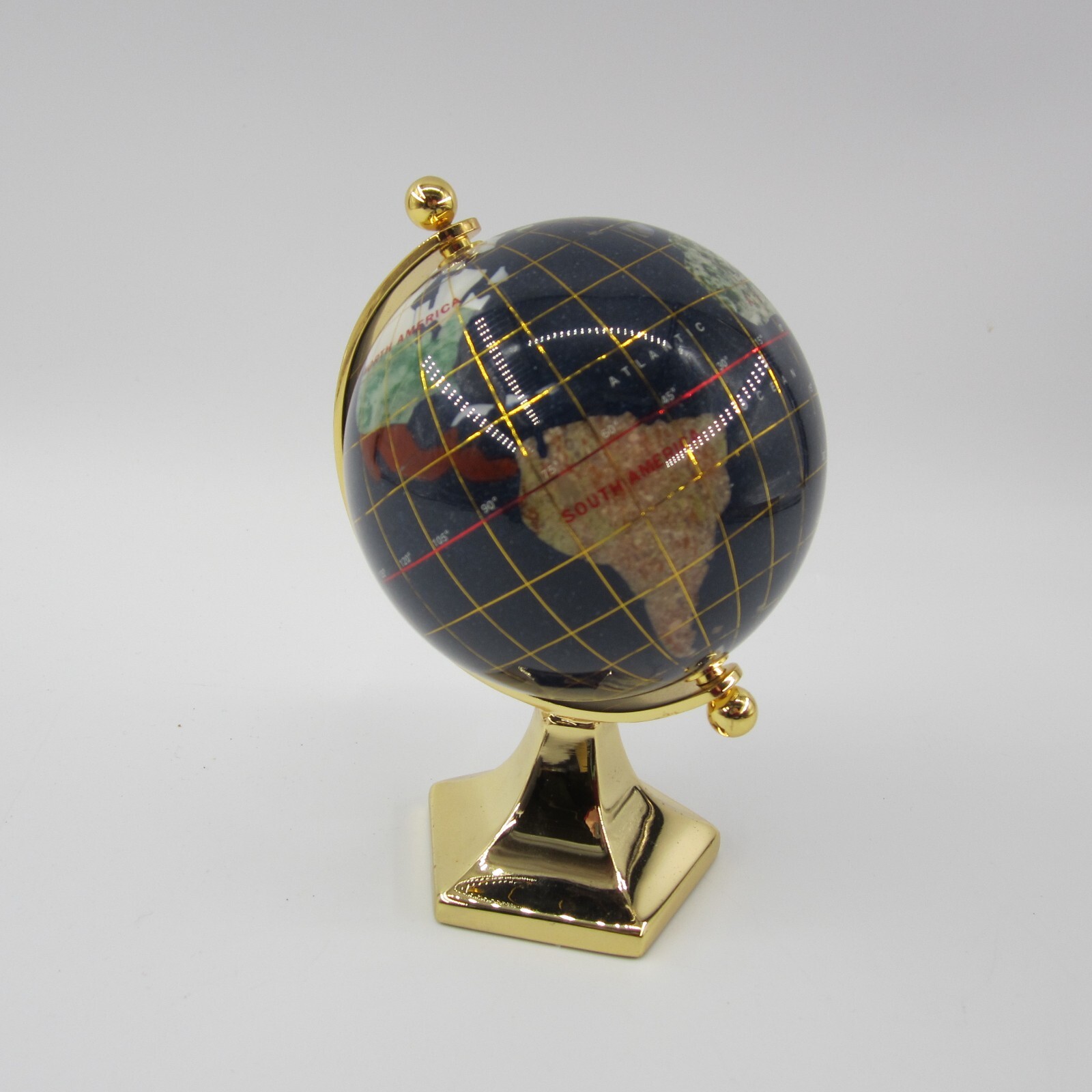 5.5" Desktop Globe Blue Lapis Semi Precious Inlaid Gemstones & Brass Stand
