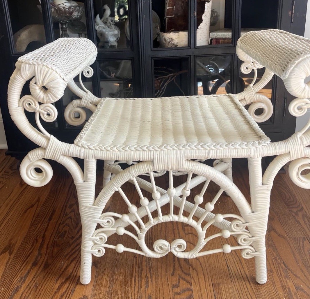 Gorgeous Maitland Smith Victorian Style Woven Rattan Bench One-of-A-Kind!