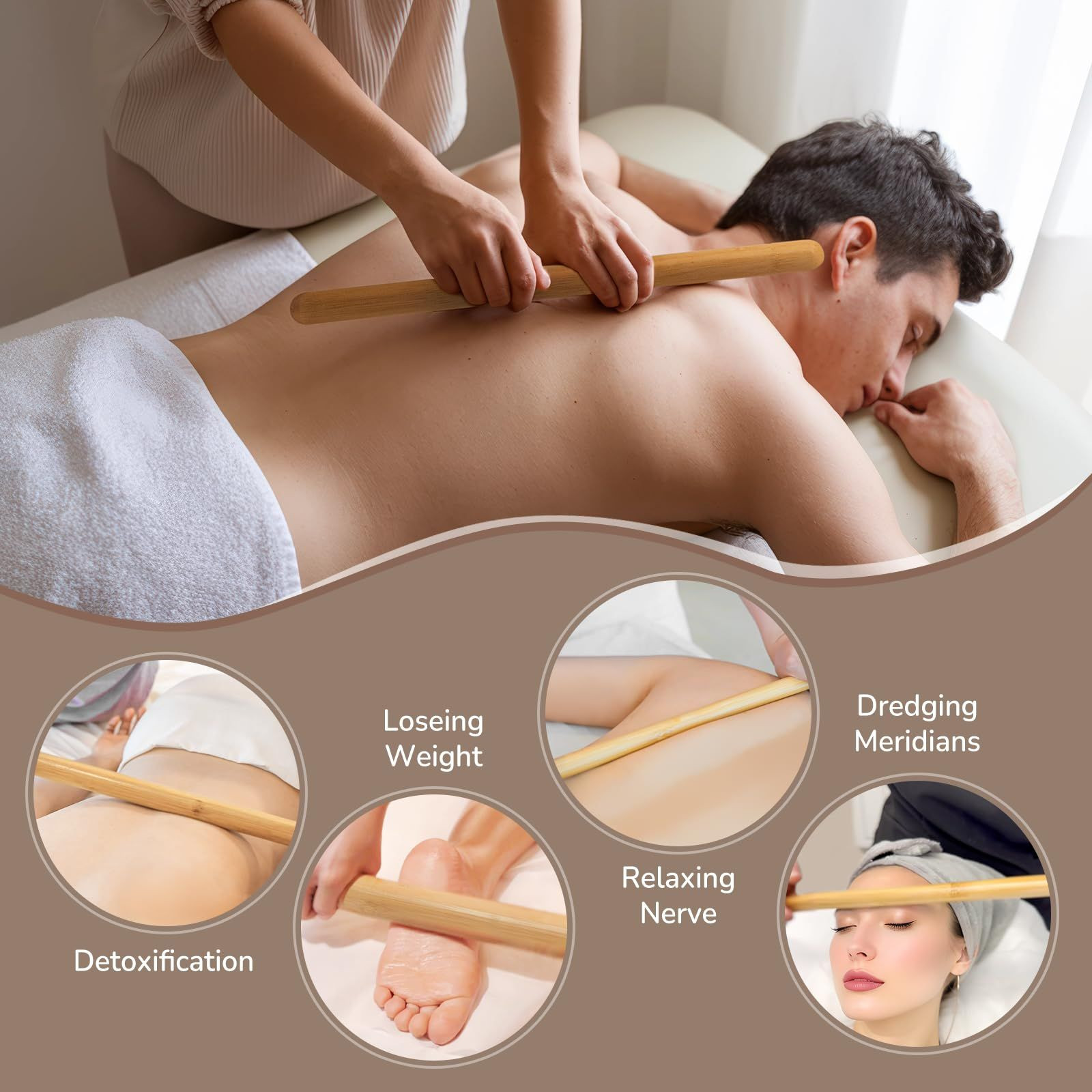 4PCS Solid Bamboo Massage Sticks & Guasha Set with Roller/Stick - Natural