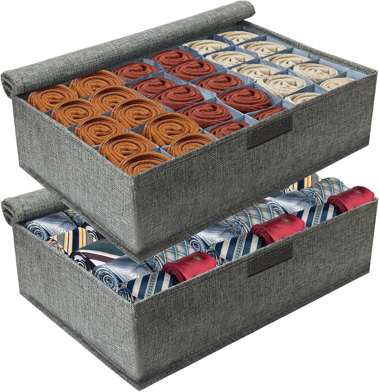 Gray Sock Organizer Divider 2 Pack W/ Lid 30 Cell Foldable Closet Storage Tie