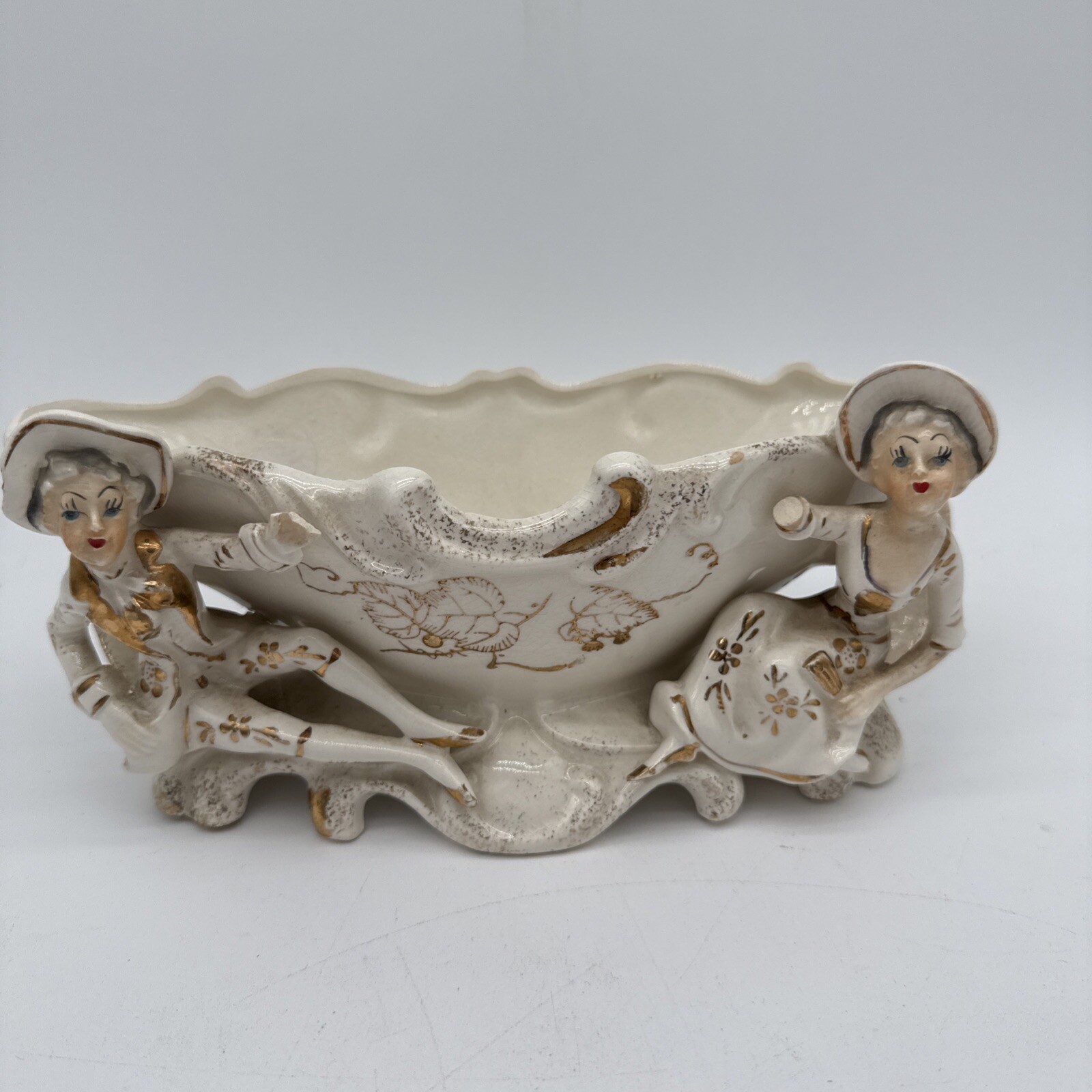 Vintage Porcelin Planter Dish with Old World Man and Woman Approx 9"x4"x4"