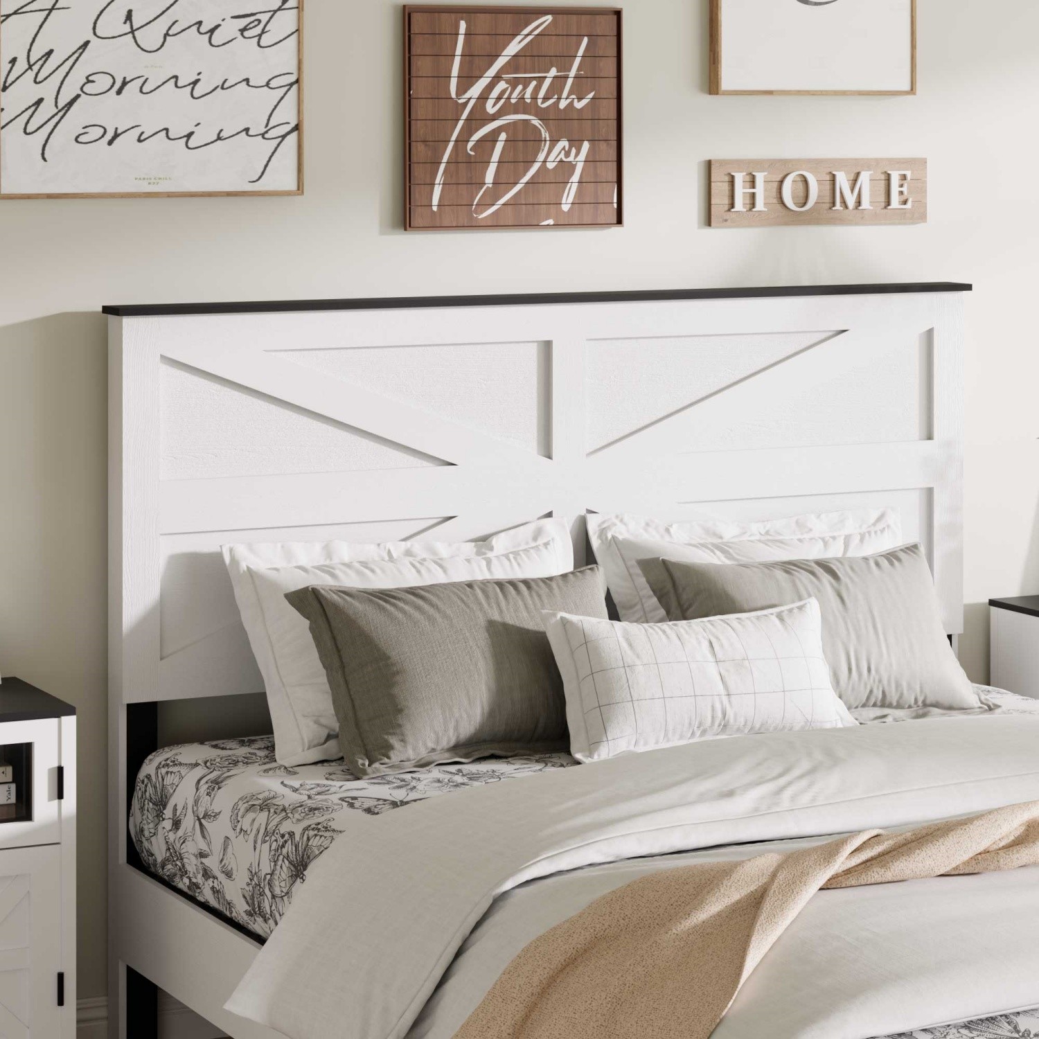 Full Size Bed Frame Wood Platform Bed w/ Headboard Metal Slat Support White