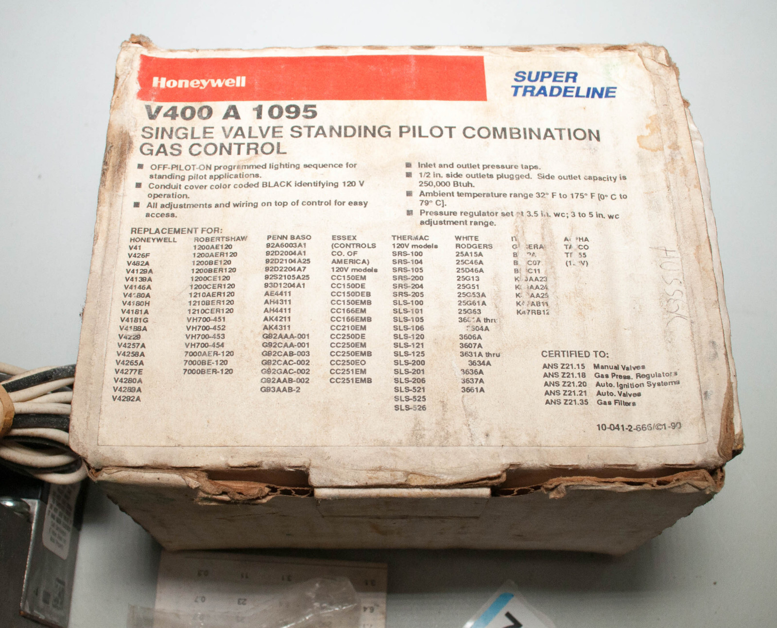 Honeywell V400A1095 Single Valve Standing Pilot Combination Gas Control