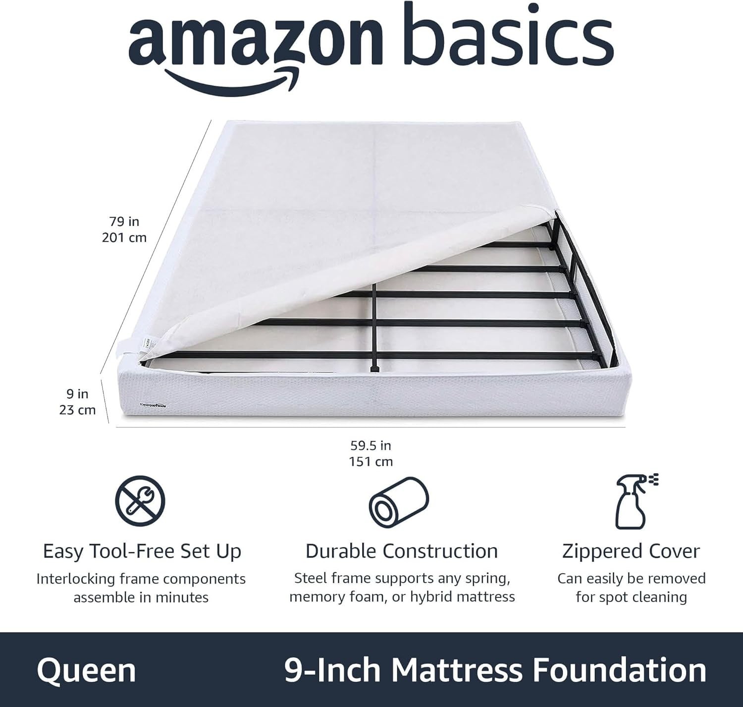 Amazon Basics Smart Box Spring Bed Base, 9-Inch Height Mattress Foundation