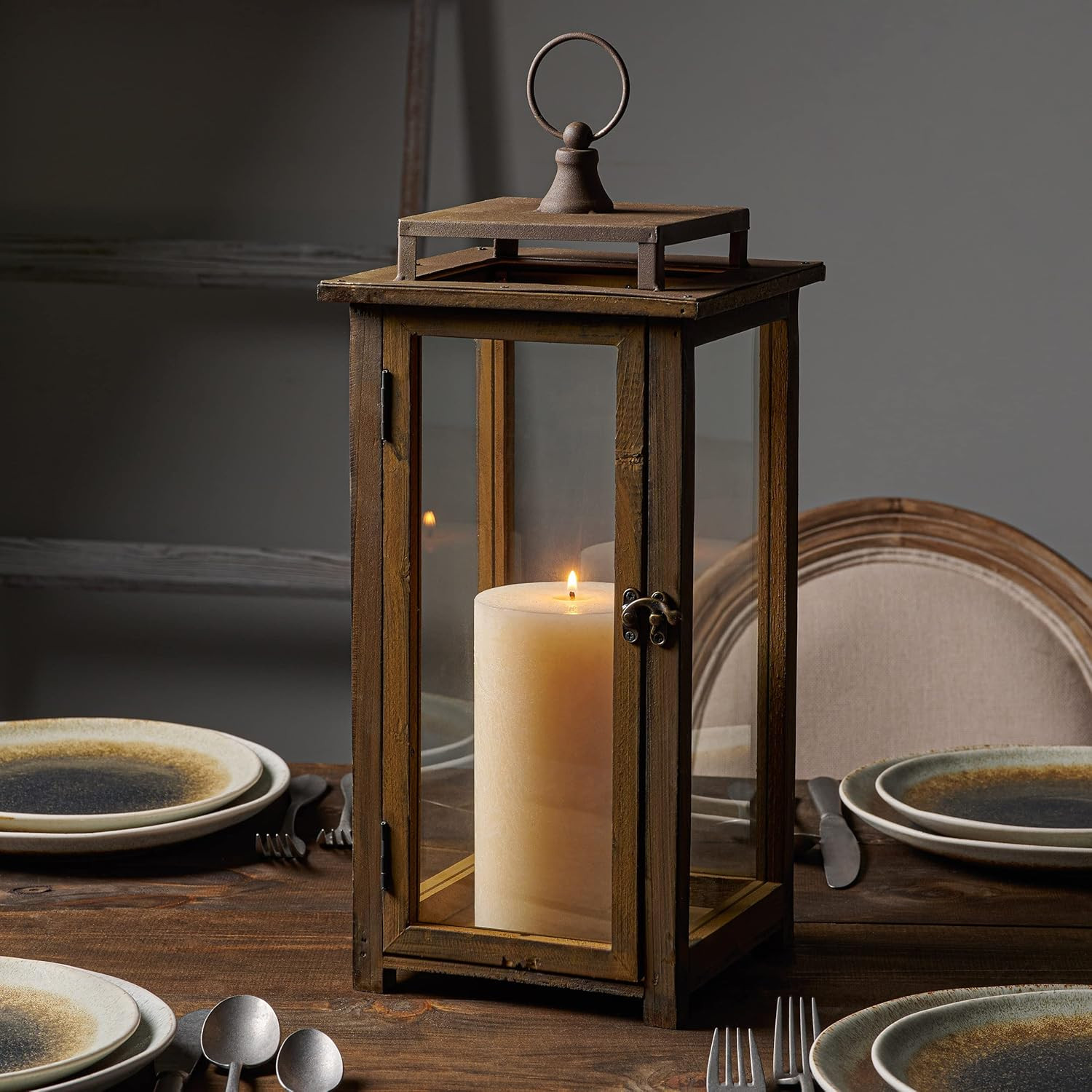 18 Inch Rustic Wooden Candle Hurricane Lantern, for Table Top, Mantle, Wall H...