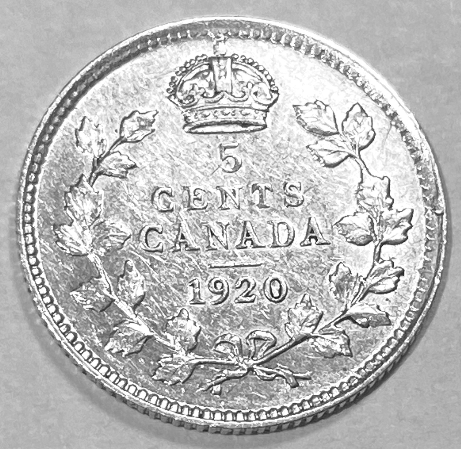 1920 Canada 5 Five Cents Silver .800 Nice AU