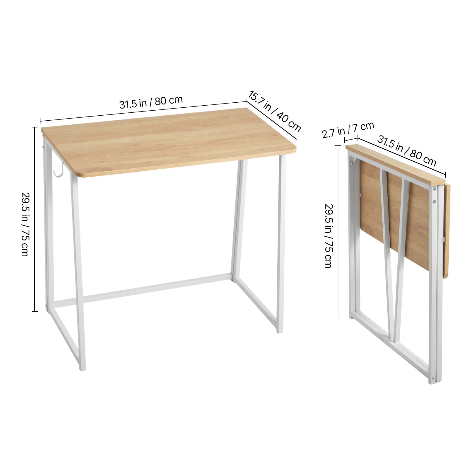 Folding Desk 31.5" Foldable Computer Table with Storage Hooks Oak