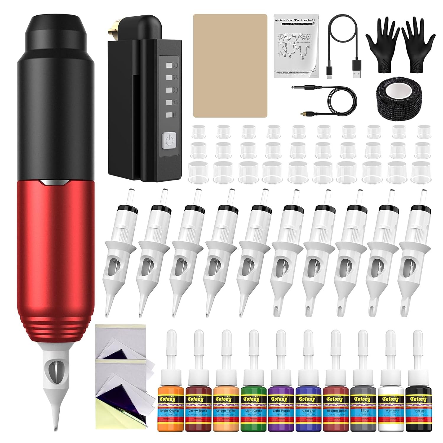 Tattoo Kits Machine Set with 1500mAh Power Supply and LCD Red