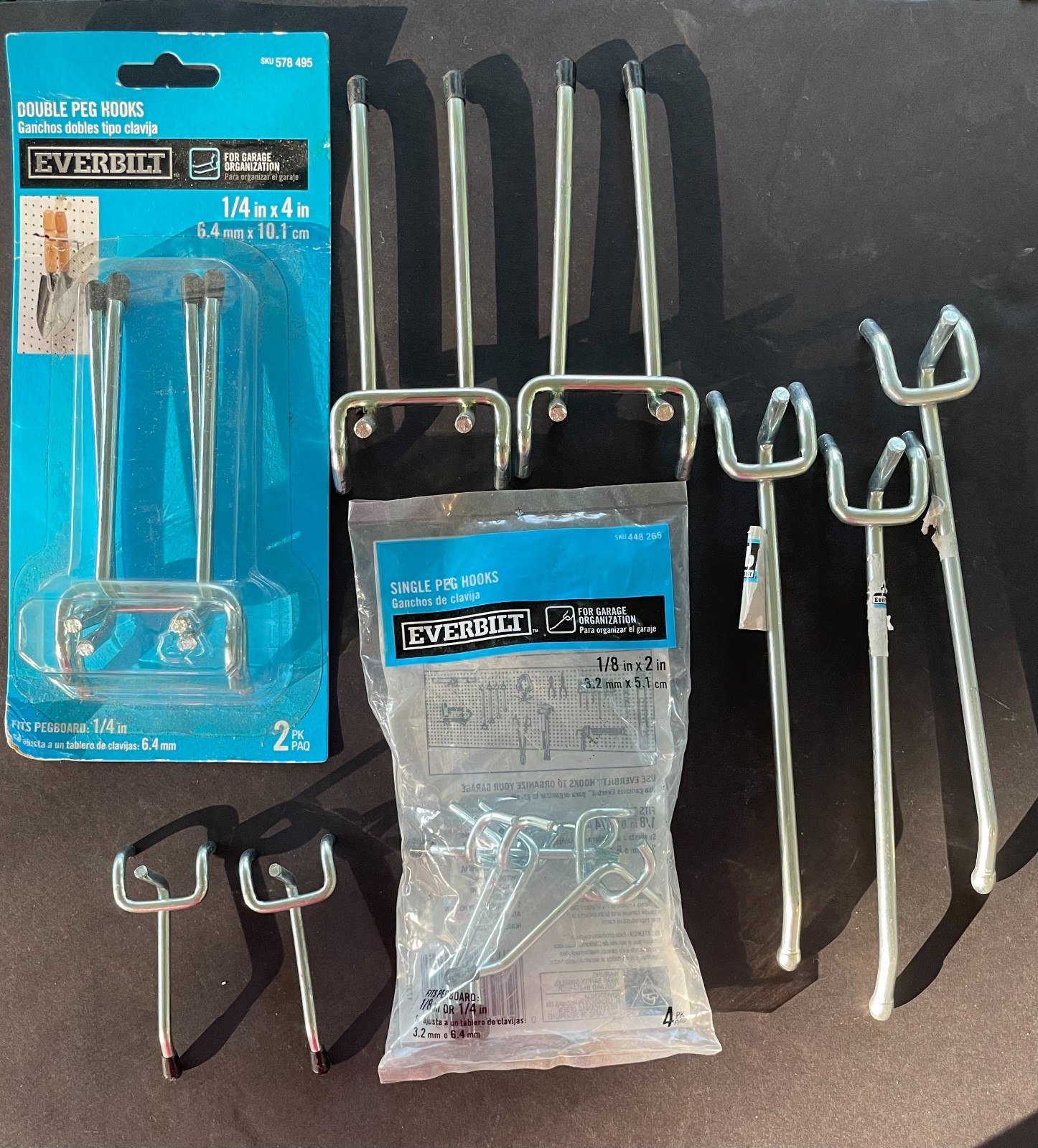14 Everbuilt Peg Hooks, Double 4", Single 4" & 6" new & used fit 1/4" pegboard