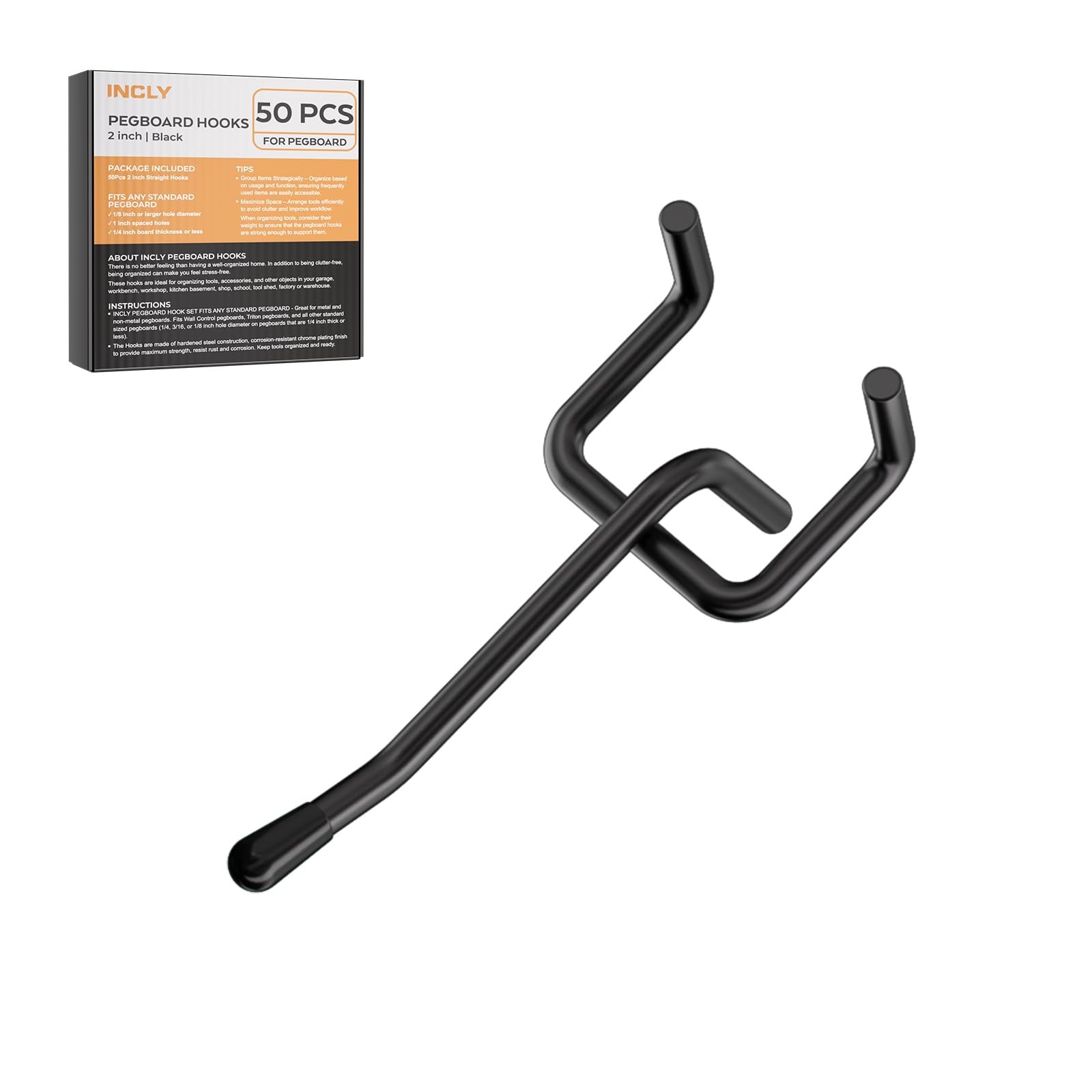 INCLY 50 Pack Black Pegboard Hooks, 2 Inch Peg Board Hooks 2 Inch,