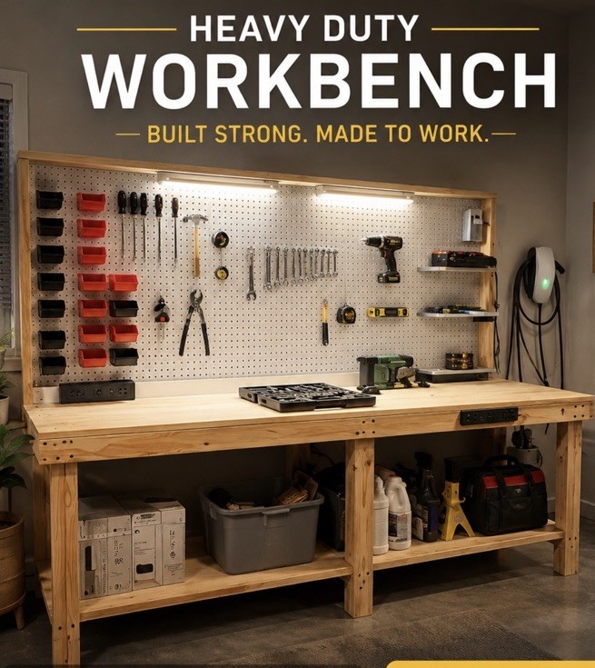 Heavy Duty Work Bench Wood w/ Pegboard Backboard, Brown - Heavy Duty Workbench