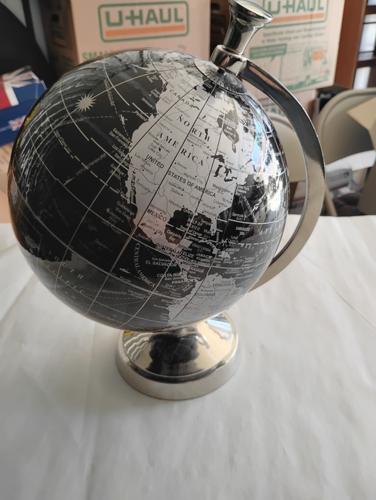 Vintage Black And Chrome Desk World Globe circa 1980s