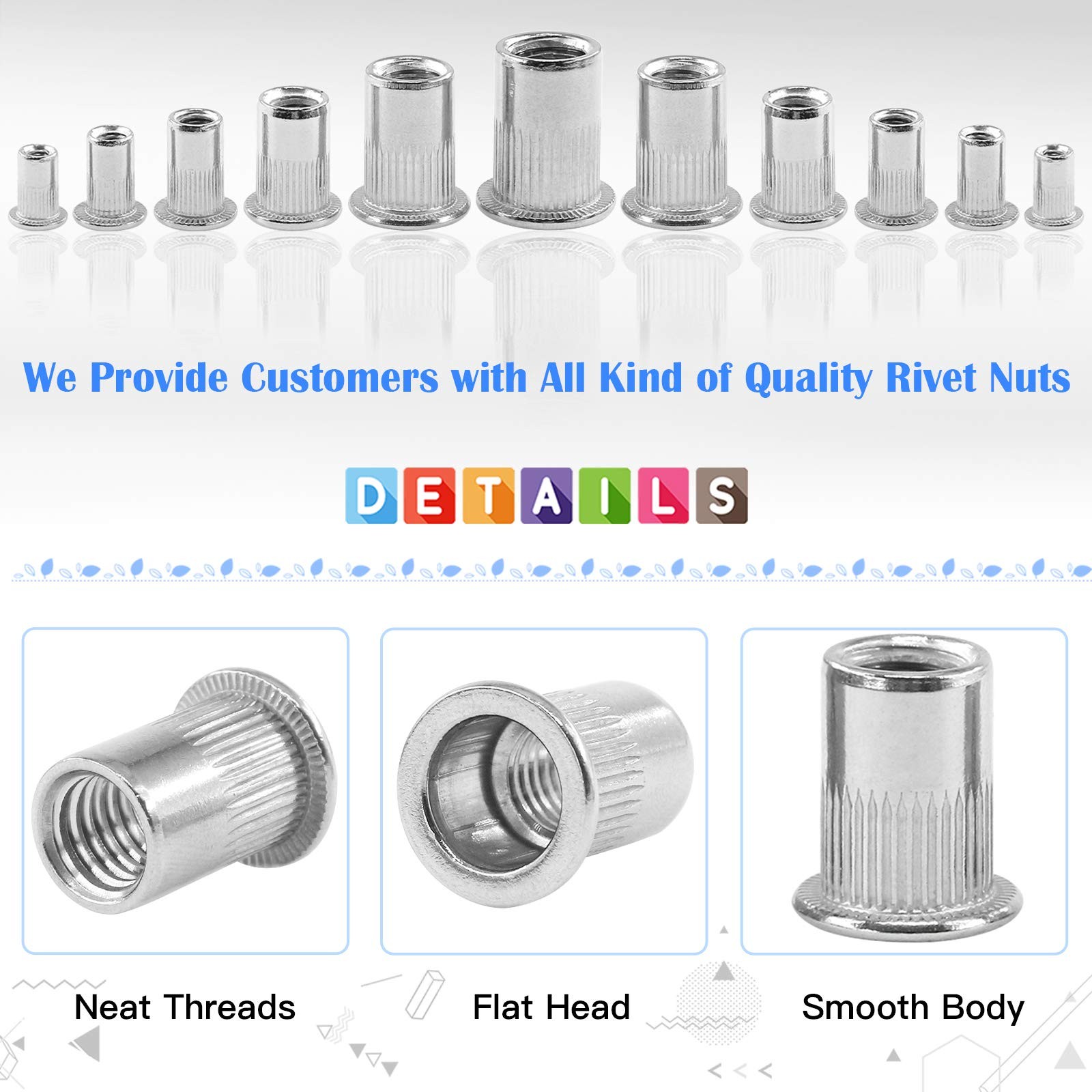 50 PCS #1024 UNC 304 Stainless Steel Rivet Nuts Flat Head Threaded Insert