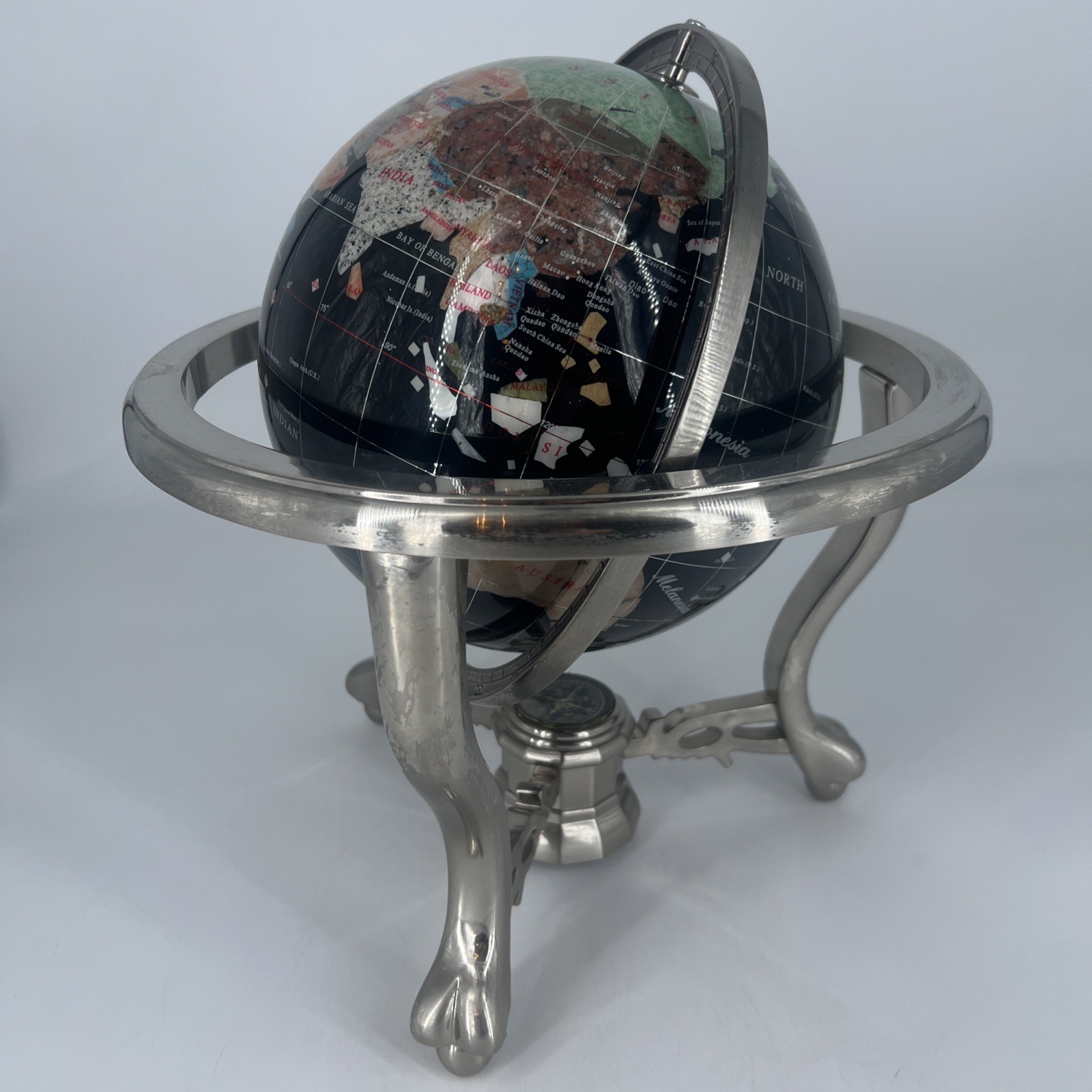 13" Tabletop World Globe Earth Black Gemstone Globe Brushed Nickel Base Compass